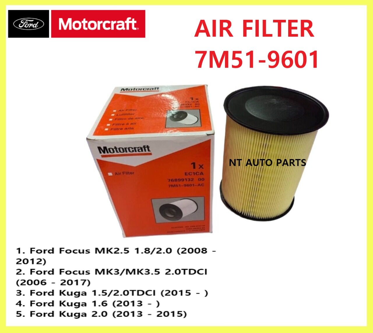 FORD ENGINE Air Filter FOCUS MK2, MK3, KUGA (7M519601AC) Lazada