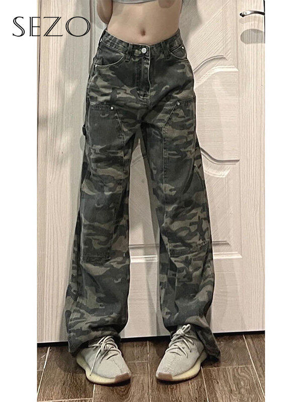 TOP★Sezo Hàn Quốc cao eo ống suông giản dị Quần Legging rộng quần ngụy trang cho phụ nữ 924
