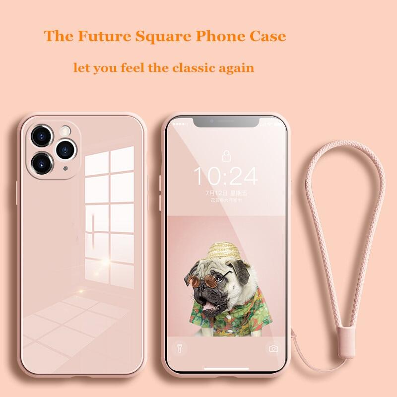 Square Tempered Glass Phone Case For iPhone 11 12 13 14 15 Pro Max 12 13 Mini XS Max X XR 7 8 Plus SE 2022 Full Camera Protection Cover With Strap