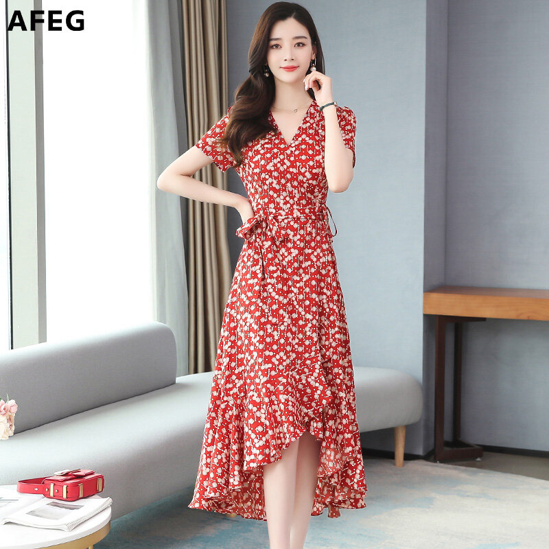 AFEG new Korean women's short-sleeved V-neck floral chiffon casual fashion wild temperament elegant vacation bohemian dress