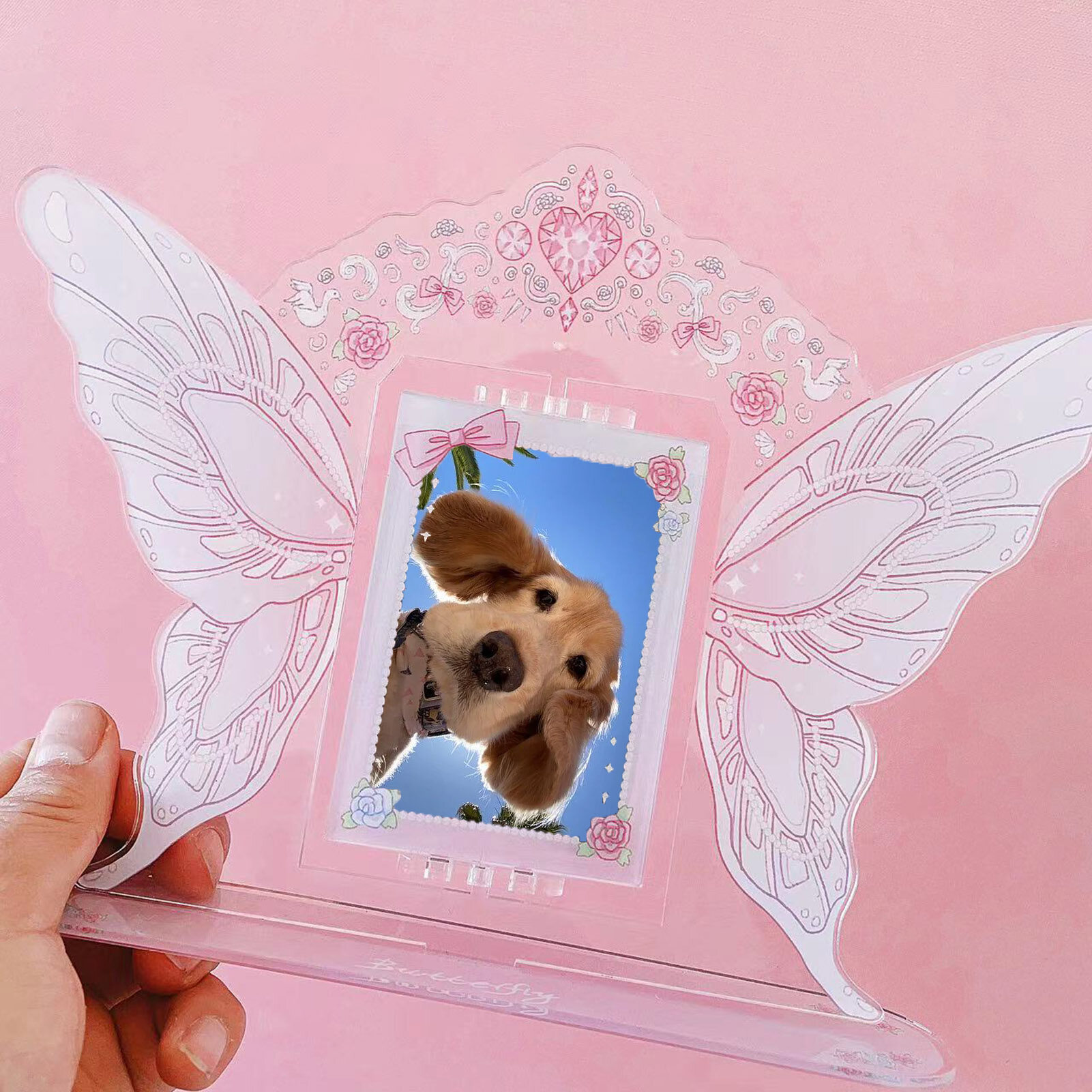 Cerdars double sides exquisite pattern bright color rotating creative photo frame butterfly display stand photo frame desktop decoration supplier photocard side stand up display