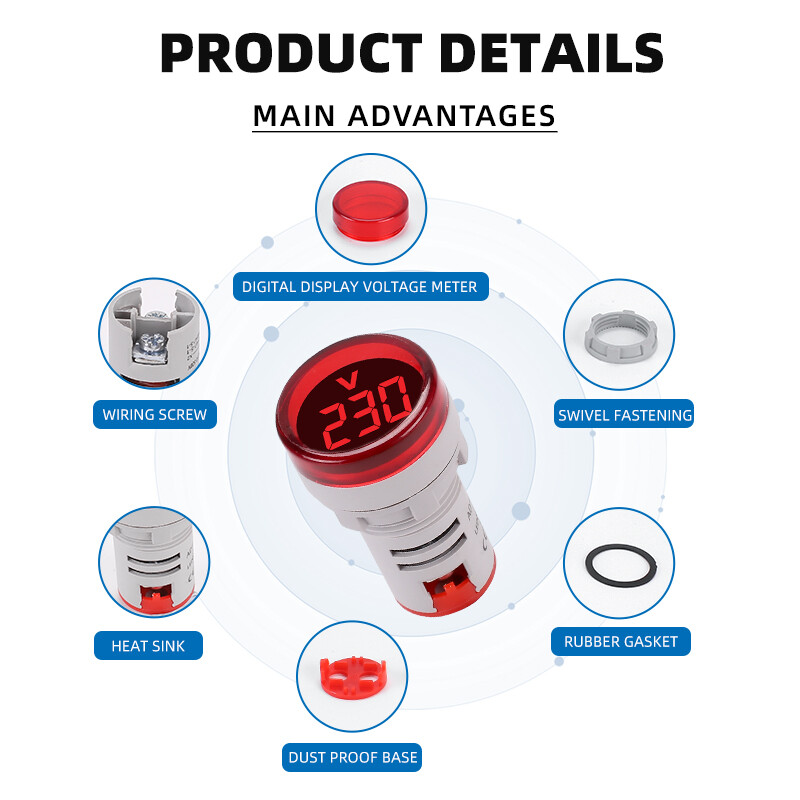 22MM AC 50-500V Voltmeter Square Panel Round Panel LED Digital Voltage Meter Indicator Light Lamp Digital Panel Indicator Meter