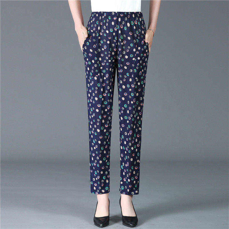 New Middle-aged and Elderly Women's Pants Summer Thin Nine-point Pants Old Lady Loose Straight-leg Pants Mother Flower Pants