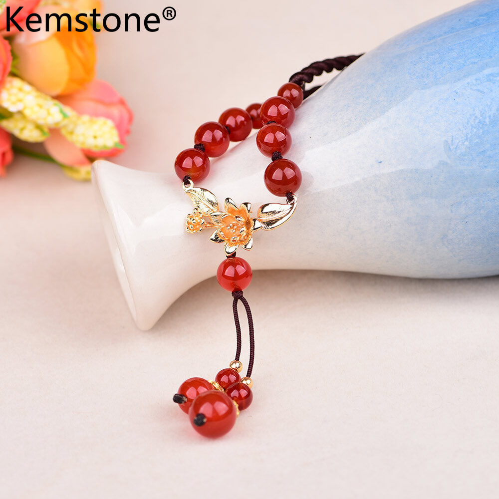 Kemstone Fashion Red Agate Beads Tassel 14K Gold Plated Copper Flower Necklace Jewelry Gift for Women Girls