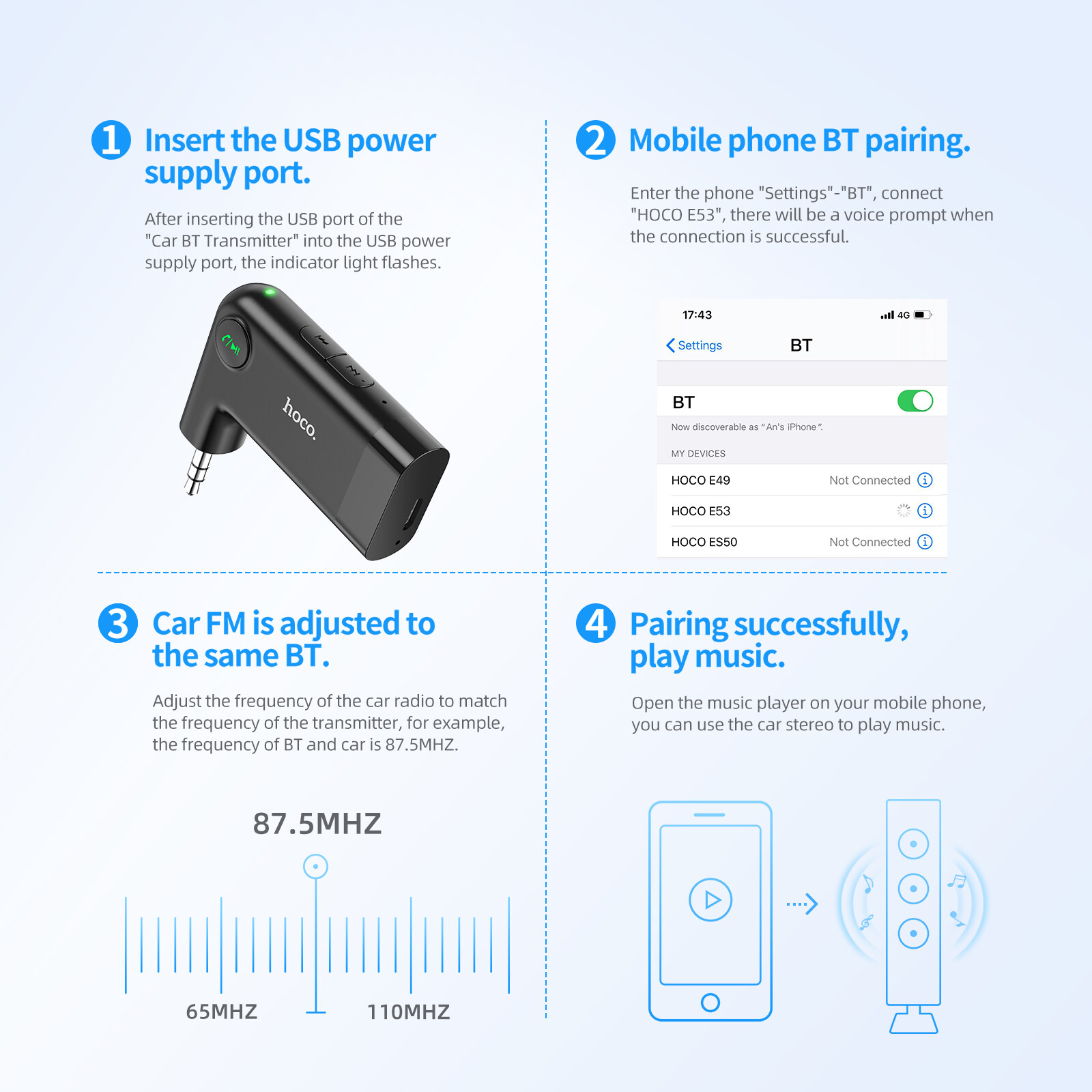 【100% sản phẩm chính hãng】Hoco E53 Đầu nhận Bluetooth Bluetooth không dây 5.0 Bộ chuyển đổi sạc cho xe hơi Di Động Bộ chuyển đổi âm thanh không dây 3.5Mm Aux Với Microphone Cho Xe Hơi/Âm Thanh