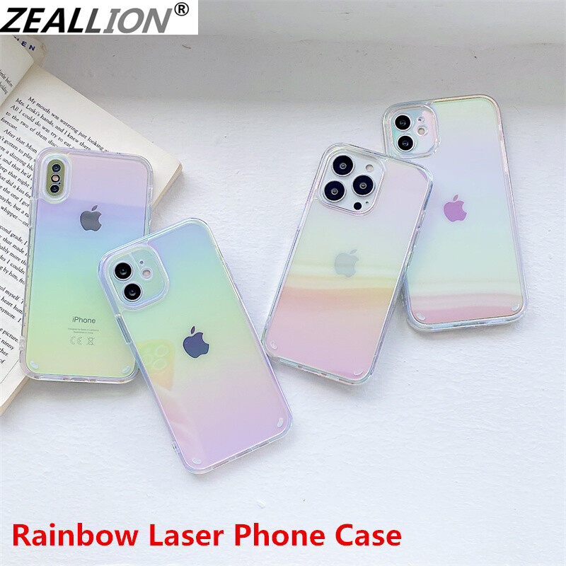 Zeallion Fashion Rainbow Laser Phone Case For [Apple iPhone 11 12 13 14 15 Pro Max XS X XR 7 8 6 Plus Mini ] Luxury Soft Silicon PC Bumper Back Cover