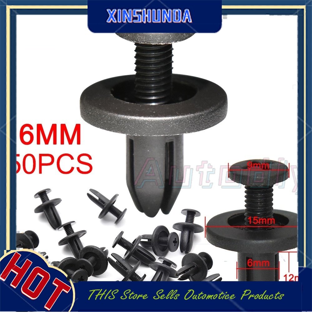 XSD 50pcs Car 6mm Hole Plastic Rivets Fastener Push Clip Black Auto Vehicle Door Trim Panel Retainer Fastener Clips Clip Trim Kit Car Push Pin Rivet Bumper Door Panel Retainer Assortment For Toyota Honda