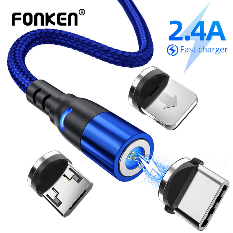 FONKEN 3 Trong 1 Cho Xiaomi Redmi Note7 Lưu Ý 8 Cáp Điện Thoại Sạc Cáp Sạc Nam Châm Loại-C Micro USB Cho LG Vivo Oppo HTC Nam Châm Dây Cáp Sạc Cho IPhone 12 6 XR X 8 Cộng Với Sạc Từ Cáp