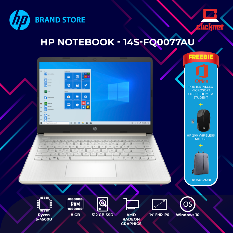 HP 14S-FQ0077AU (RYZEN5-4500U, 8GB, 512GB SSD, 14FHD, W10, MS OFFICE 2019 Preinstalled, Pale Gold) Malaysia