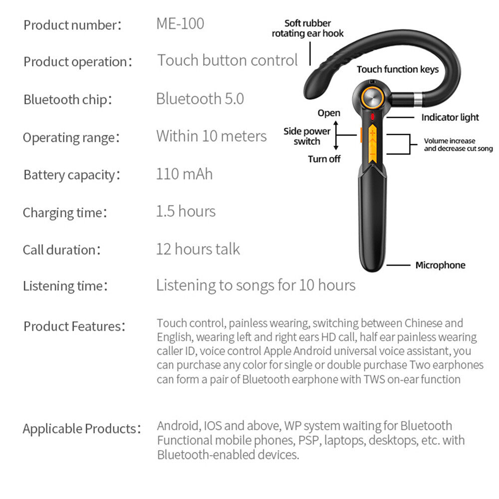 ME-100 Single Business Ear-Hook Wireless Bluetooth Headset 5.0  Touch Control Earphone Noise Canceling Stereo Earphone for Huawei Samsung Oppo