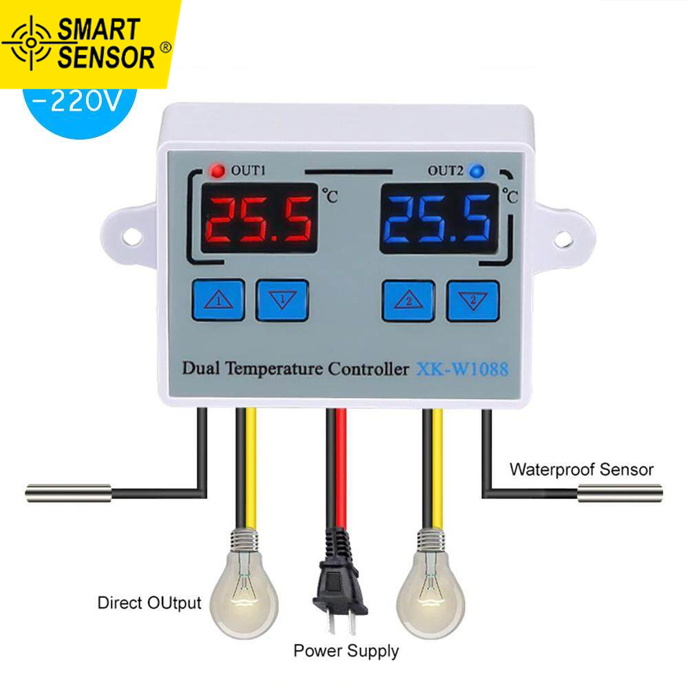 Smart Sensor Dual Digital Thermostat Temperature Controller Two Relay Output Thermoregulator for incubator Heating Cooling XK-W1088 AC110-220VAC 50/60Hz /12V DC/24V DC
