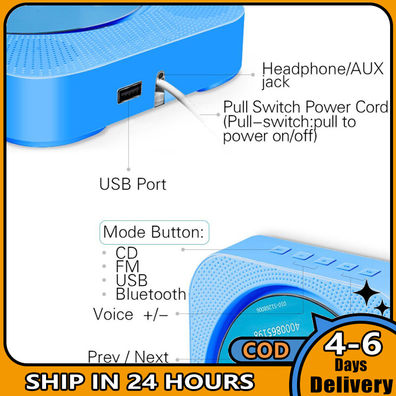 Wall Mountable CD Player Portable Bluetooth Music Player with Remote Control