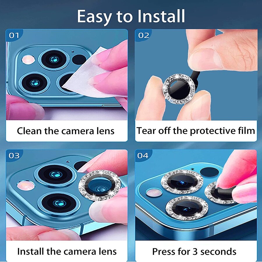 Tấm Bảo Vệ Ống Kính Máy Ảnh Lấp Lánh Kim Cương Cho Iphone 13 12 11 Mini Pro Max Tấm Phim Bảo Vệ Ống Kính Máy Ảnh Vòng Kim Loại Kính Cường Lực