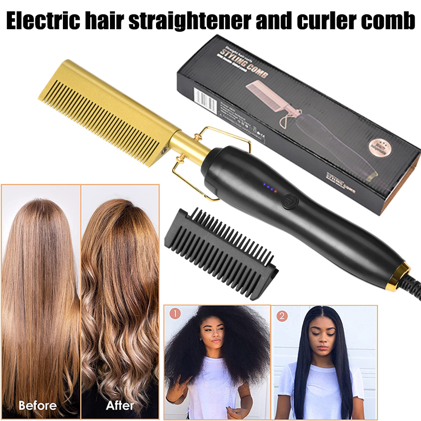 Electric Hot Comb, Hair Straightener for Wig, 3 Grades Temperature Straightening Brush for Thick Afro Hair, Beard, Hot Anti-Scald Portable Curling Flat Iron