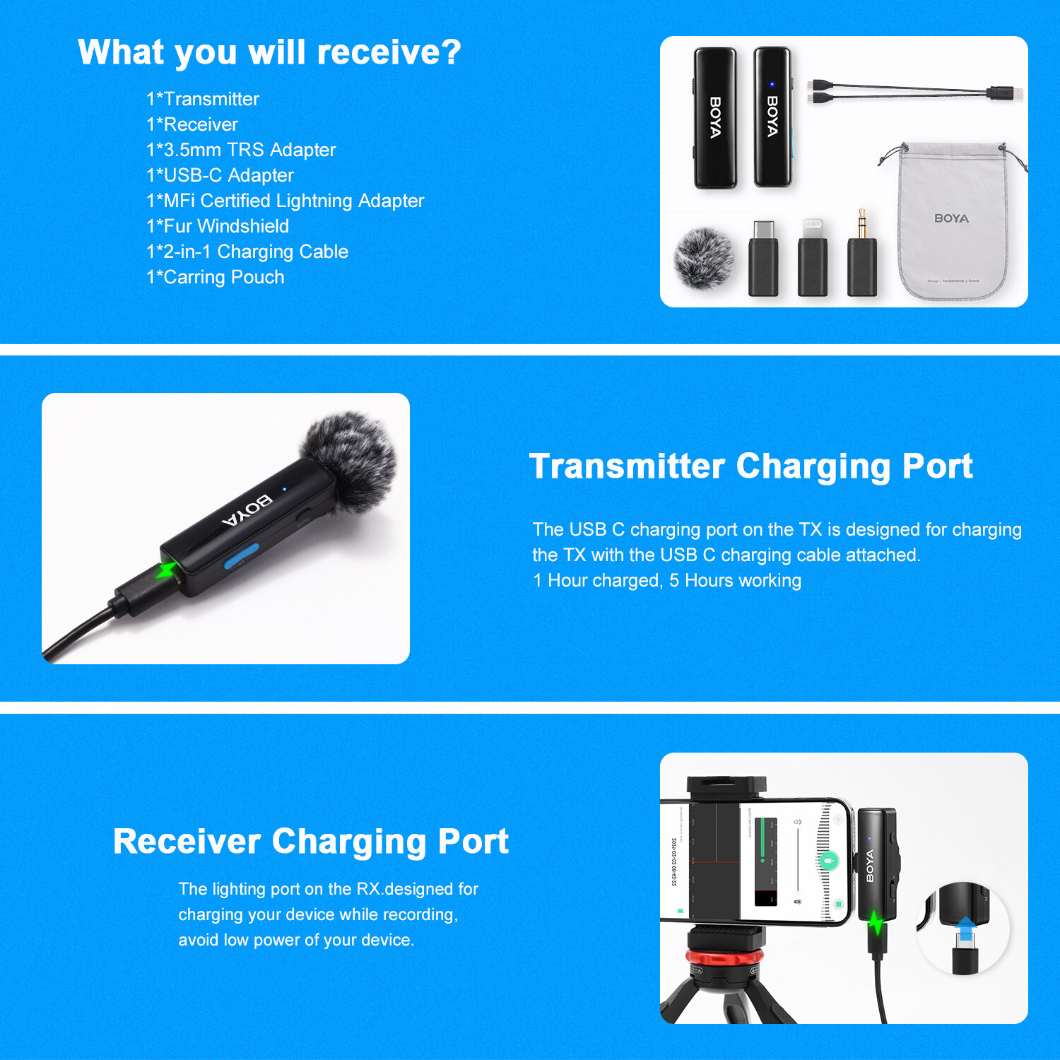 Boya boyalink A1/A2 micrô cho Iphone Lavalier không dây/Android/Camera/DSLR/iPhone 15, với bộ điều hợp sét USB-C 3.5mm TRS, khử tiếng ồn, phạm vi 100M cho các cuộc phỏng vấn PC, vlog, phát trực tiếp