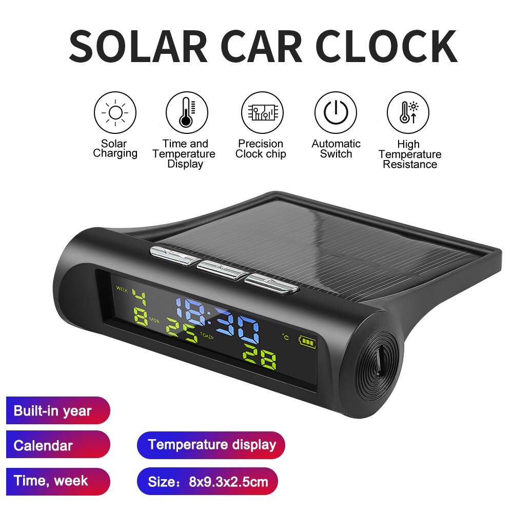 Car Digital Solar Clock Dashboard With Lcd Time Date In-Car Temperature Display For Outdoor Personal Car Part Decoration