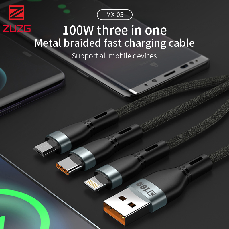 ZUZG 3 in 1 Retractable USB Cable 100W Charging For iPhone 14 12 X 11 8 7 Charging Wire Type C Micro USB Cable For Huawei P20 P30 P40 Xiaomi Redmi Note 8 7 5 Portable Cables For Oppo Vivo