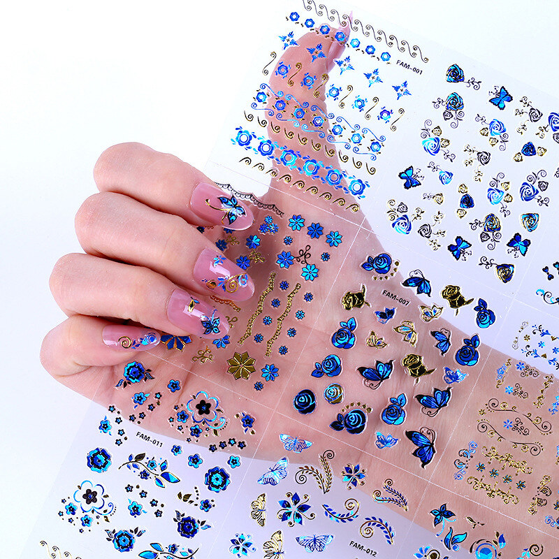 5pcs/set Beautiful blue butterfly nail stickers 3D nail art stickers,gold color fake nail stickers, nail accessories N022