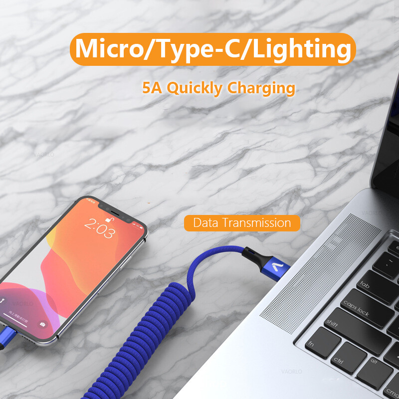 VAORLO 5A Spring Stretch Charge Cable 1.5M Fast Charging Retractable Cables Micro Type-C Lighting Phone Data Cable USB Charger Cord