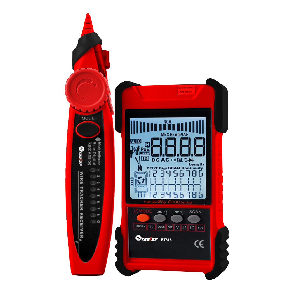 Fansline- TOOLTOP ET616 Handheld Portable Cable Tester with LCD Display Analogs Digital Search POE Test Cable Pairing Sensitivity Adjustable Network Cable Length Short Open Circuit Measure Trackers Multifunctional Cable Tester