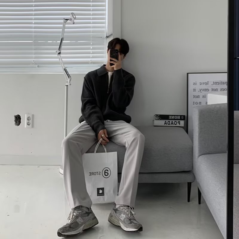 H half zipper sweater men's autumn winter style Japanese vintage high-end lazy lapel knitwear loose casual S86_voghion.com