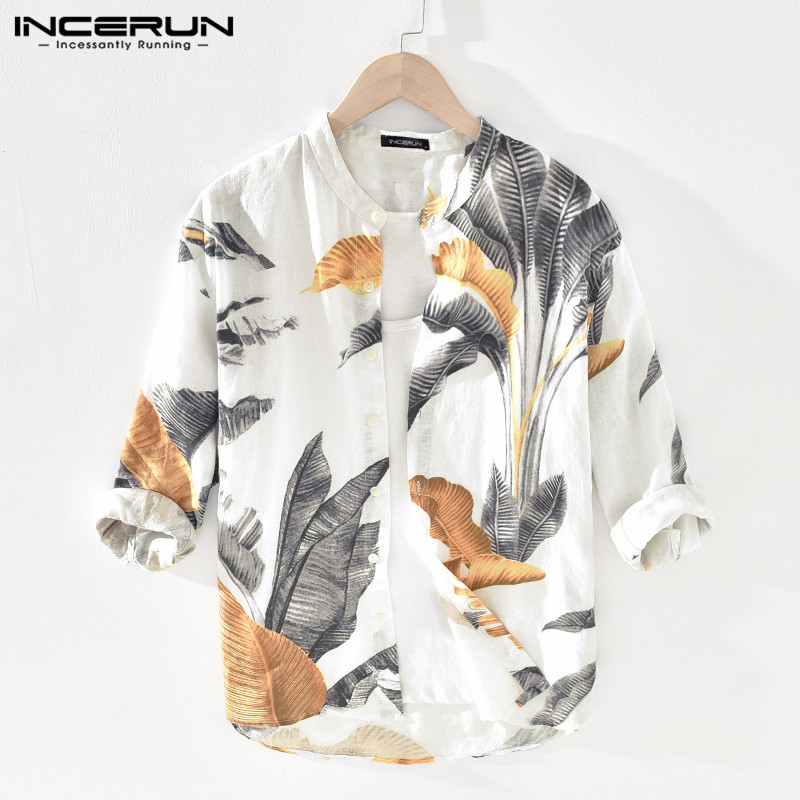 (Leisure style) INCERUN Mens Floral Shirt 3/4 Sleeve Button Down Causal Tee Shirt Grandad Smart Blouses
