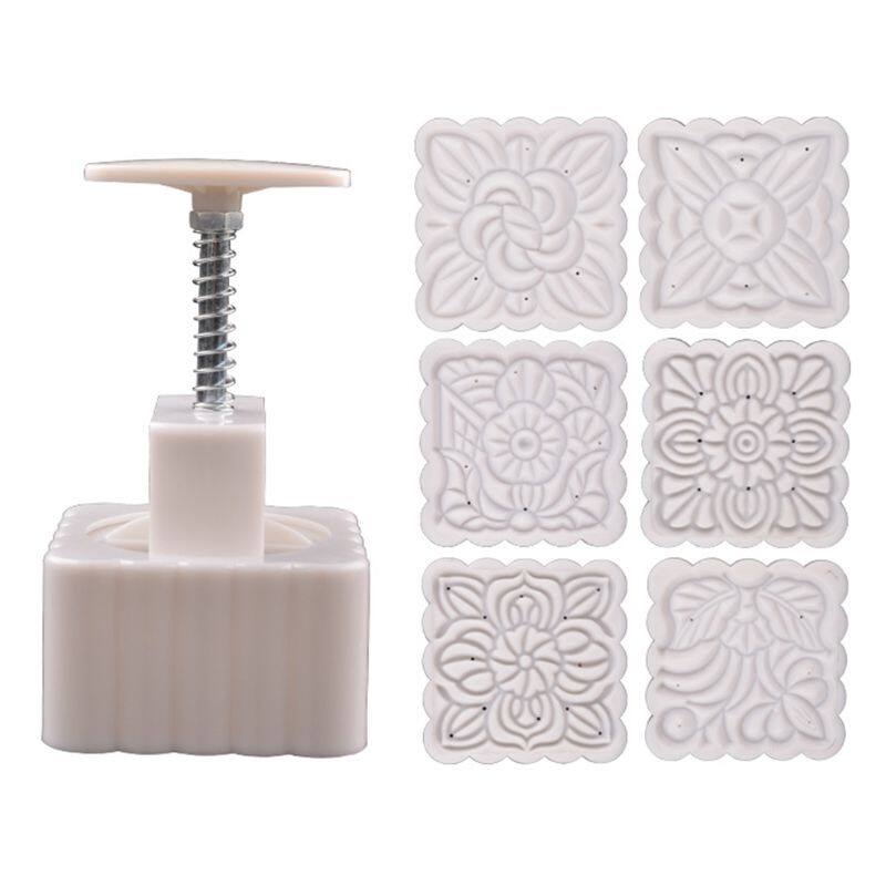 250g Mooncake Mold with 6pcs Square Flower Stamps Hand Press Moon Cake Pastry Mould DIY Bakeware