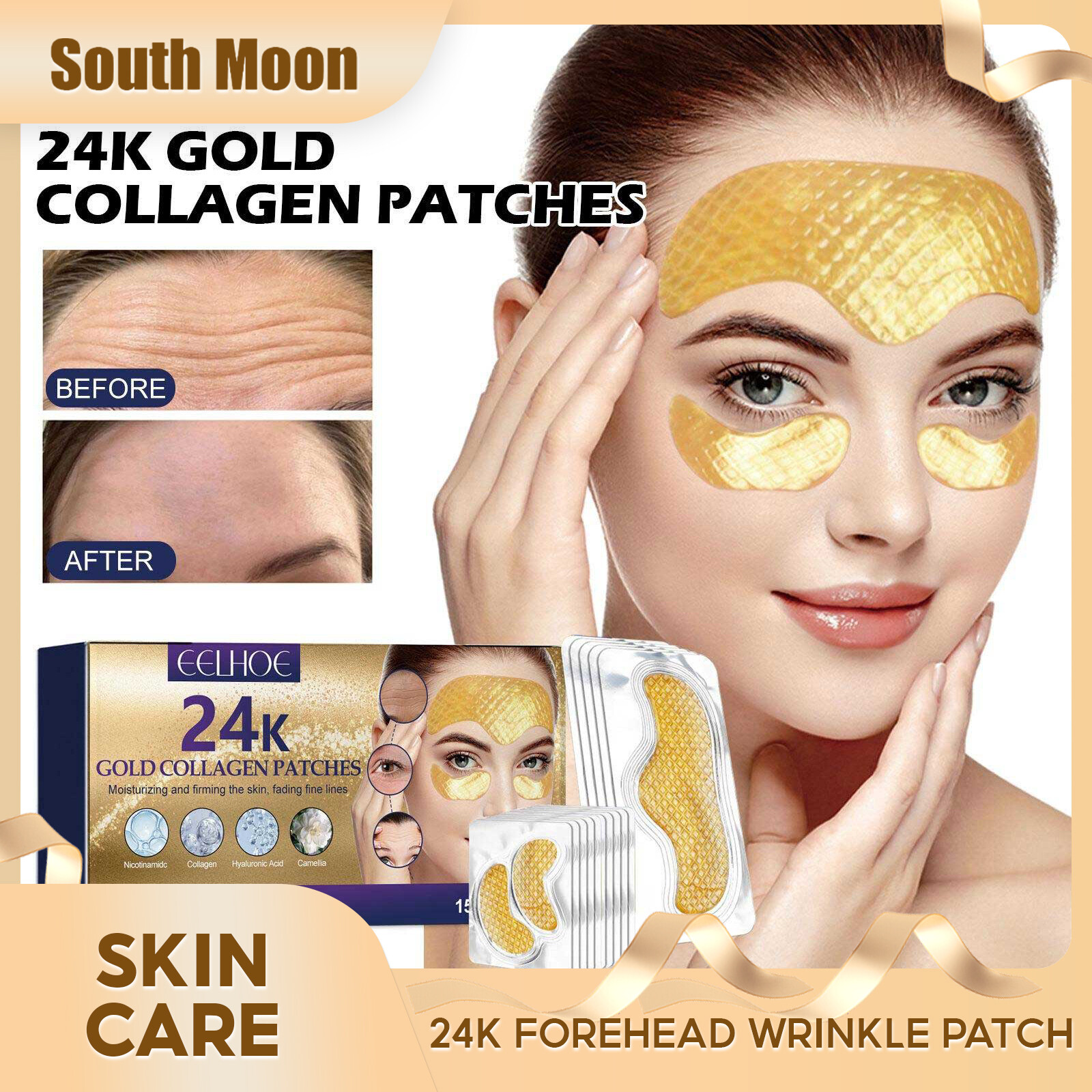 Eelhoe 24k Gold Eye Mask Lifting Forehead Line Removal Eye Anti Aging Frown Smoothing Anti Wrinkle Forehead Patch Anti Wrinkles Patches 24k Gold Collagens Frownies Facial Patches Wrinkles Patch For Fading Fine Lines Moisturizing