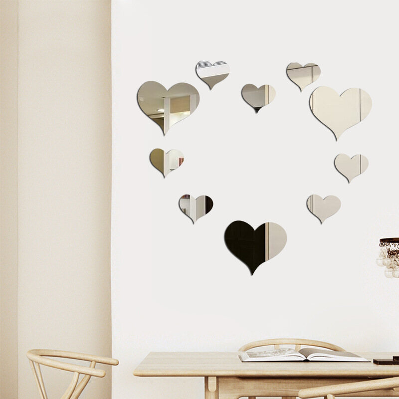 10Pcs 3D Acrylic Heart-shaped Wall Stickers Mural Decal Removable Mirror Wall Sticker Livingroom Bedroom Decoration
