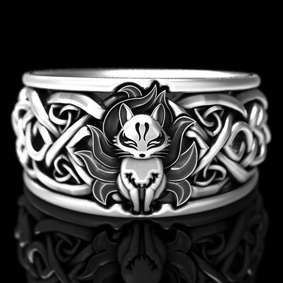 JWEGHL Men's Fashion Creative Design Exquisite Nine Tailed Fox Rings Vintage Silver Punk Ring For Women Men Unisex 3D Geometric Crossover Wedding Band Party Finger Jewelry