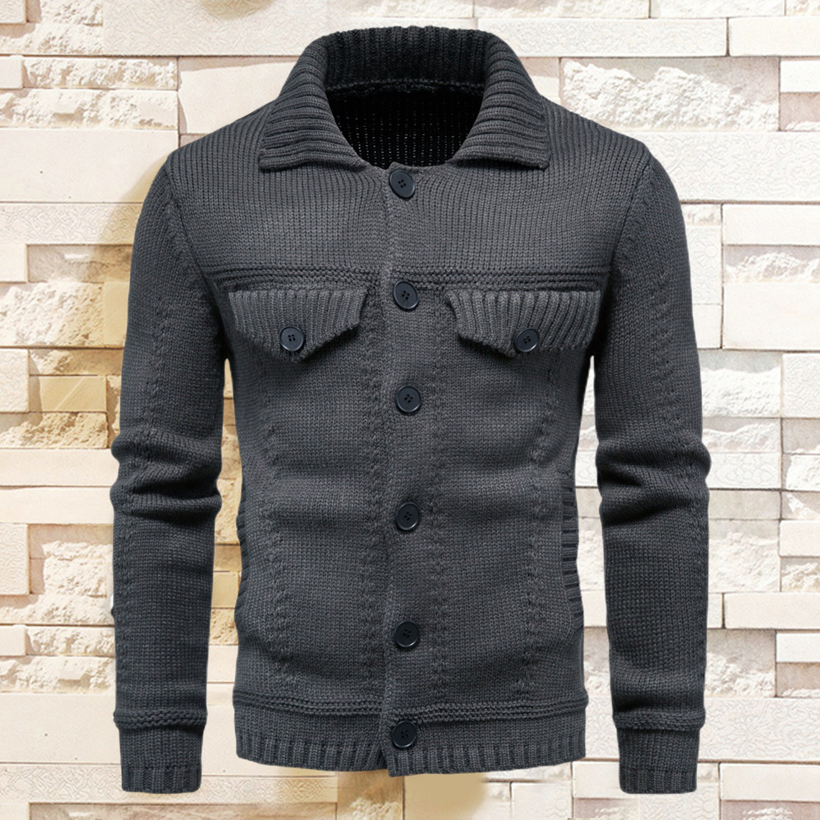 Men Sweater Coat Solid Color Single-breasted Buttons Cardigan Elastic Knitting Turn-down Collar Thick Anti-shrink Spring Coat for Daily Wear Men Jacket Buttons