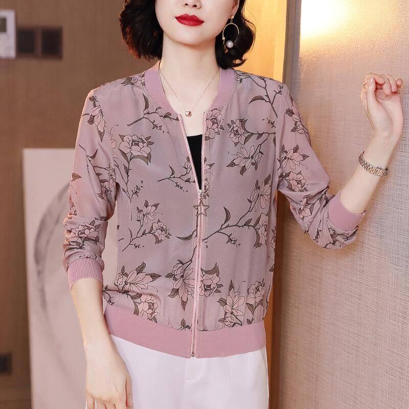Plus Size Women Thin Chiffon Printed Jacket Casual Baseball Coat
