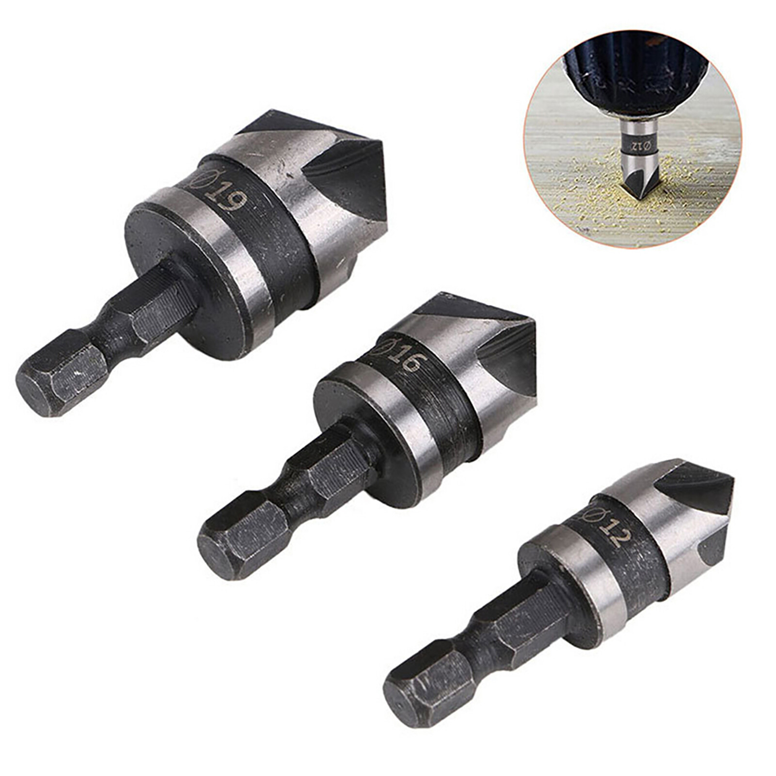 Farfi 3Pcs Drill Bits 90 Degree 1/4 Hexagonal Handle Carbon Steel Chamfer Wood Work Hole Drill Bit for Board Chamfer Drill Bit