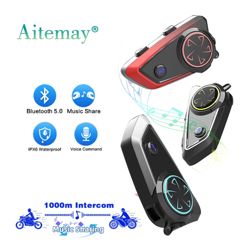 Aitemay Helmet Headset Bluetooth 5.0 Intercom Motorcycle Wireless Intercom Moto Interphone 1000M Music Sharing