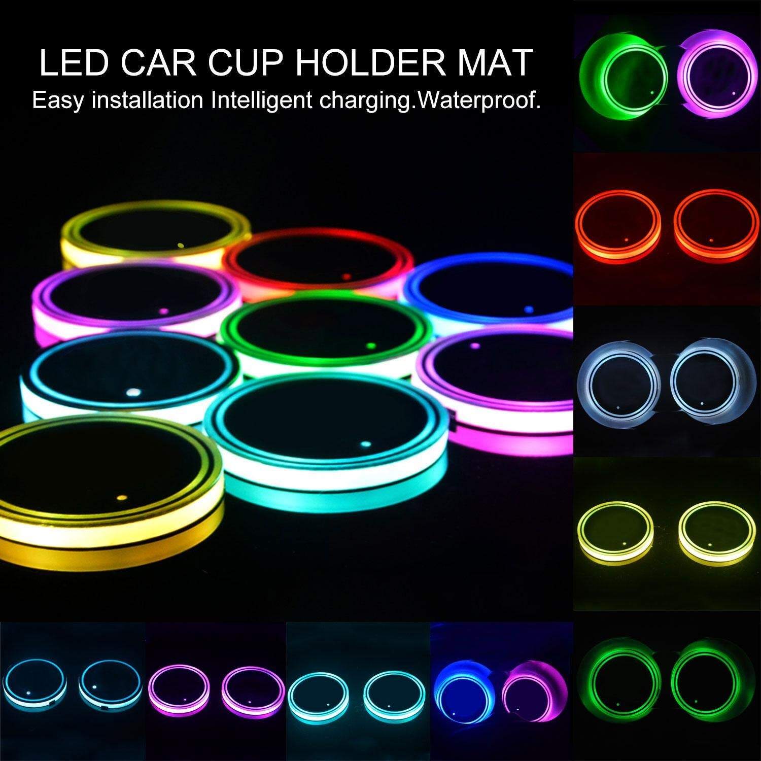 2 PCS， Waterproof Luminescent Cup Pad Interior Atmosphere Lamp Decoration Light for Dodge Accessories Heart Horse LED Cup Holder Lights Car Logo Coaster with 7 Colors Changing USB Charging Mat 