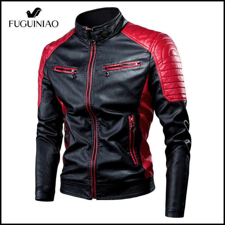Fuguiniao Male Leather Jacket Plus Size Mens Stand Collar Coats Leather Biker Jackets M-4XL