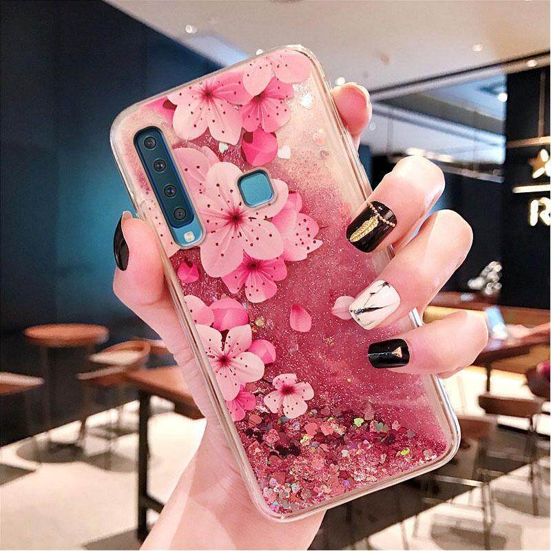 For Samsung Galaxy A9 2018 Case, Luxury Glitter Dynamic Sparkle Liquid Quicksand Flamingo Flower Clear Silicone Shockproof Phone Casing Back Cover for Girls Women