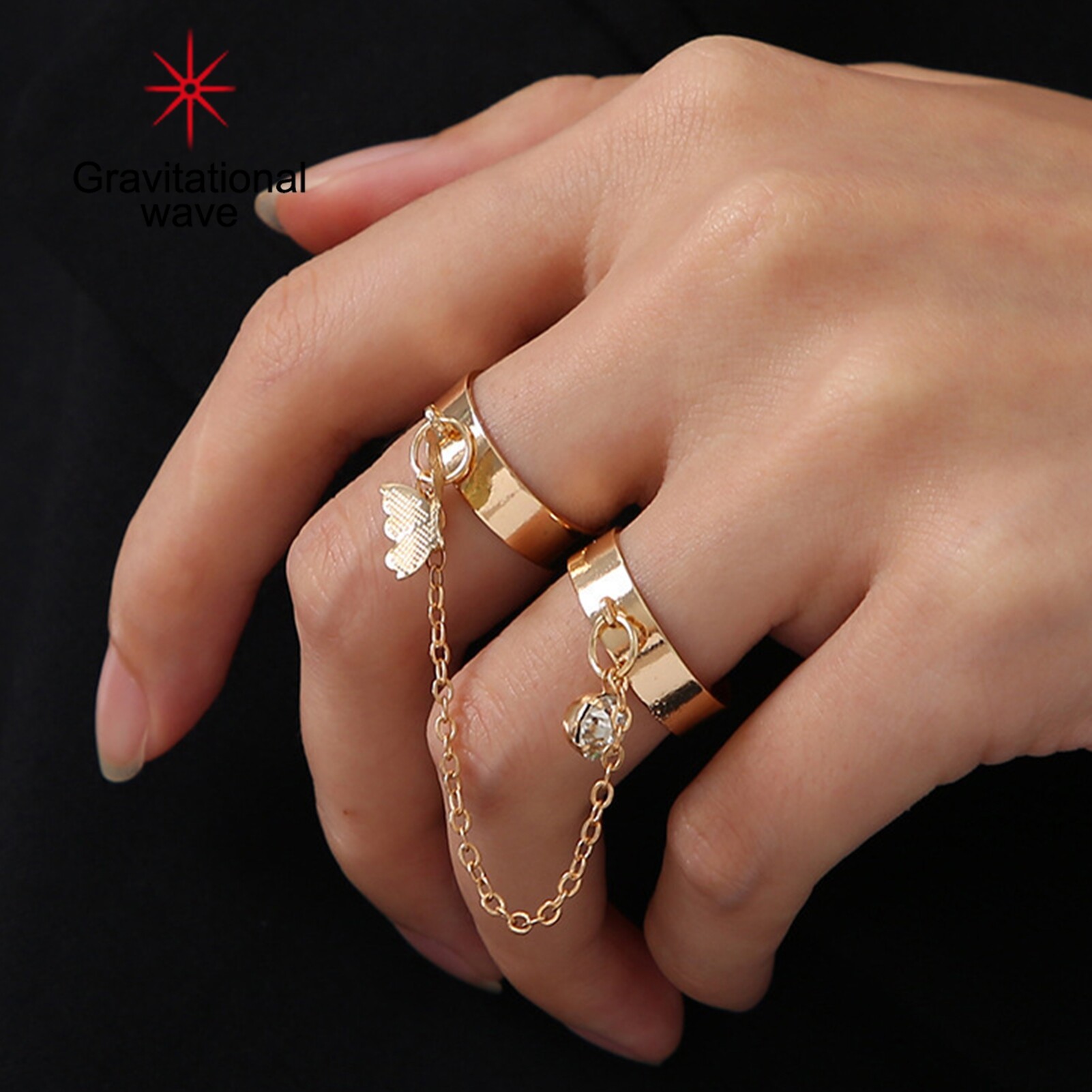 Gravitational wave Women Circlet Set Opening Adjustable Alloy Rhinestone Bright Luster Knuckle Ring Set Jewelry