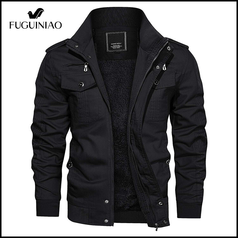 FUGUINIAO Lapel Large Size Jacket Men Bomber Jackets Fleece Thick Padded Jacket Coat