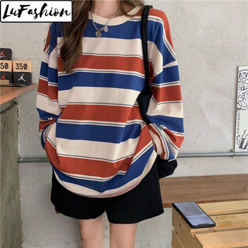 LuFashion Long Sleeve T Shirt for Women Loose Stripe Casual Tops