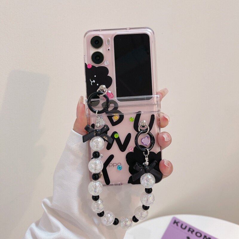 Oppo Find N2 Flip Case Aestheticism Painted Fold Hinge with Bracelet Woman Shockproof Protection Hard Phone Cover