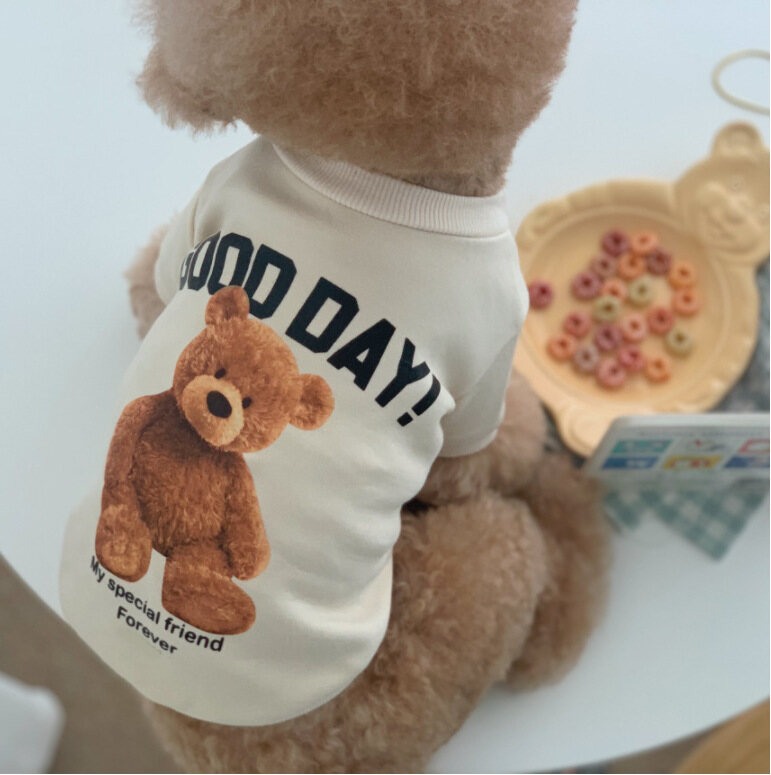 AuntieCindy Pet Clothes Korean Style Cute Good Day Bear Printed  Apparel Costume for Dog Cat Puppy Shihtzu
