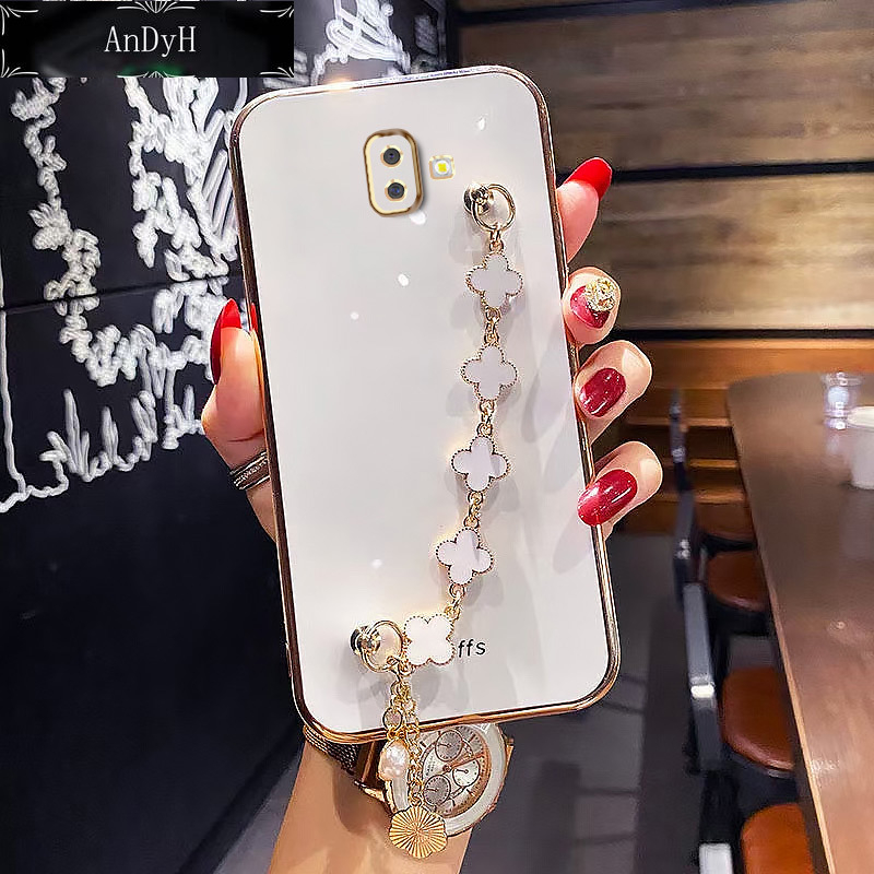 AnDyH Straight Edge Plating Phone case For Samsung Galaxy J6 Plus casing,Precise Camera Protection cases Cute girl style cover with Four leaf clover bracelet