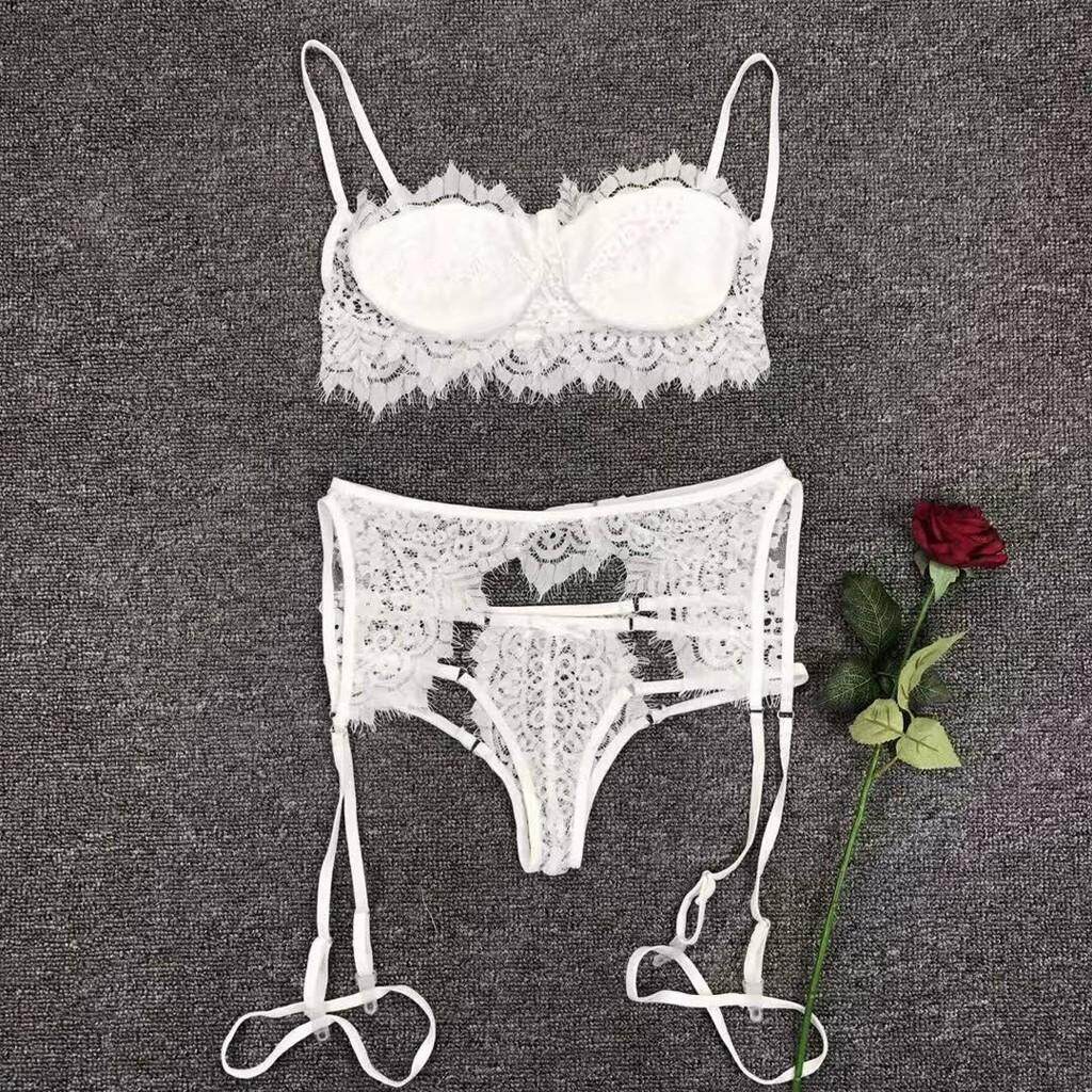 Sexy Lace Ruffle Strap Bra Panties Stockings Lingerie