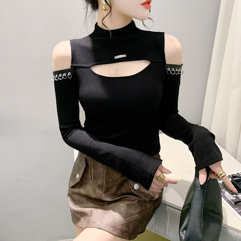 YIMEI 2023 Autumn/Winter Thickened New Knight Rivet Off Shoulder Knit Top Long Sleeve Spicy Girls Fashion Foreign Style T-shirt Women's Slim Fit Underlay Shirt