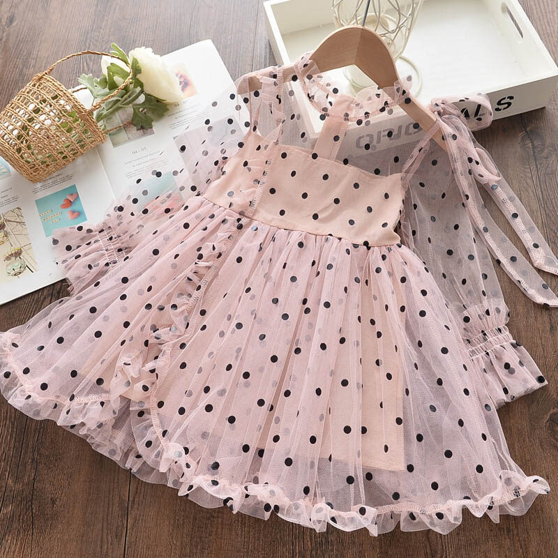 Bear Leader Baby Girls Mesh Casual Party Dress Spring And Summer New Fashion Kids Girl Polka Dots Elegant Princess Dresses Lace Embroidery Princess Clothes Children Kid Clothing Vestidos