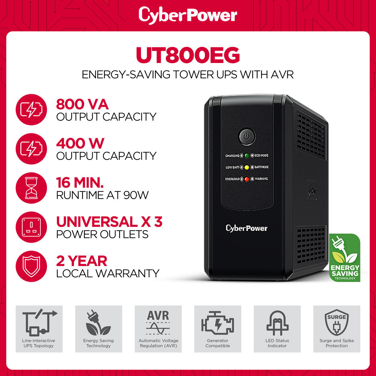 CyberPower UT800EG 800VA Battery Backup Energy-Saving Tower UPS with ...