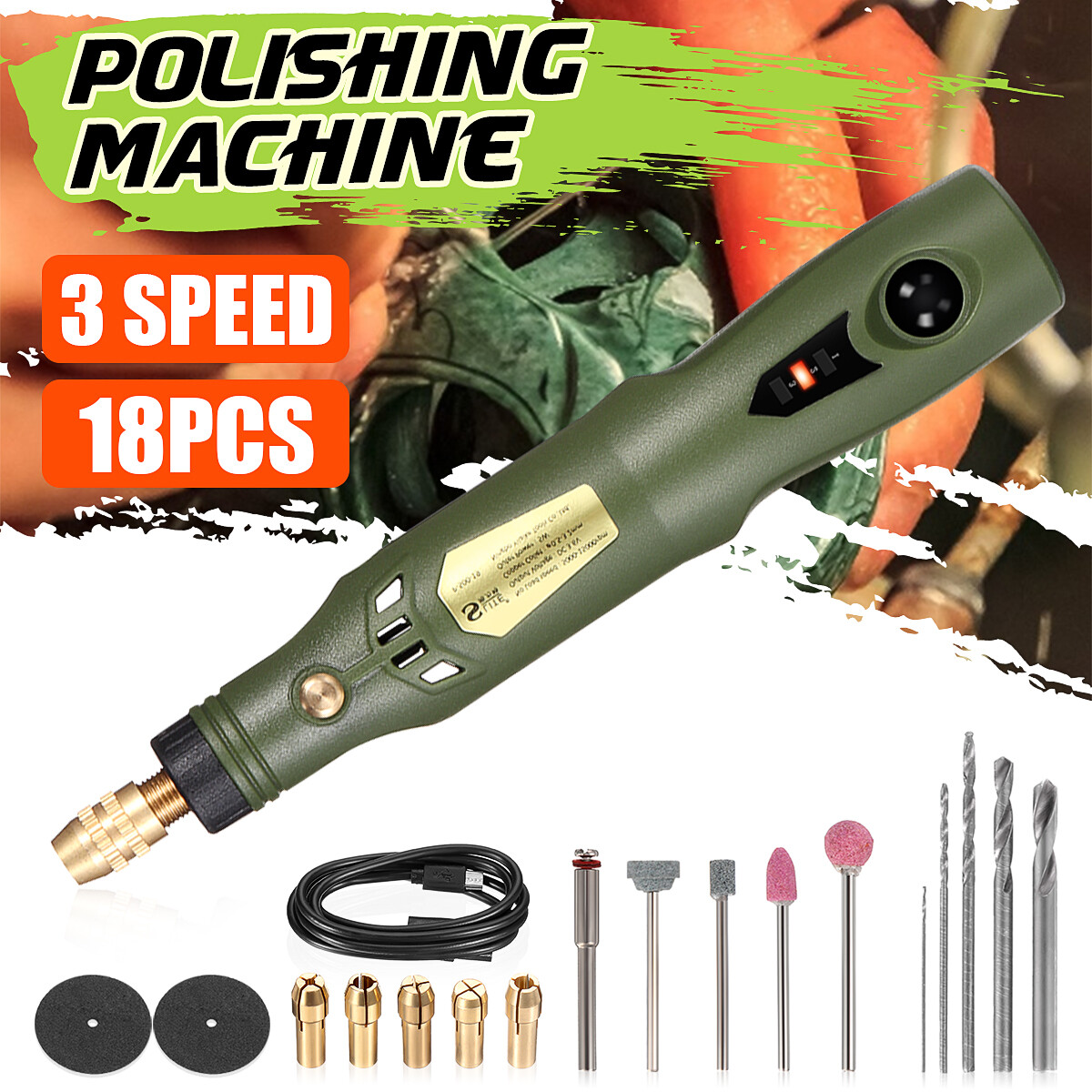 Dụng cụ quay điện mini bút chạm khắc máy đánh bóng máy mài 3 tốc độ bộ dụng cụ mài bút máy mài 3.7v