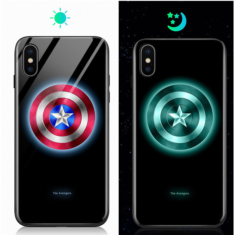 UCUC CASE For Samsung Note 10 Plus + case Luminous Marvel Superhero Captain America Ironman Case Glow in Dark Tempered Glass Back Casing Cover