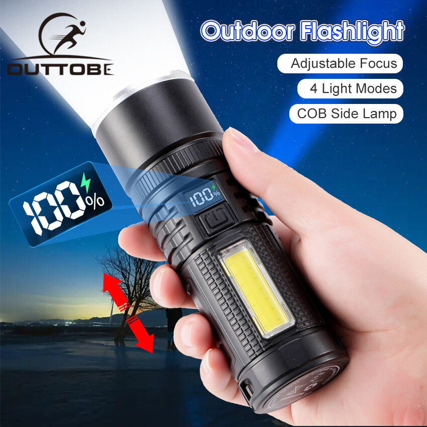 Outtobe Flashlight Powerful Flashlight Super Bright Electric Torch Telescopic Focus Flashlight Side Light COB Work Light Outdoor Portable Home Adventure Camping Emergency Light